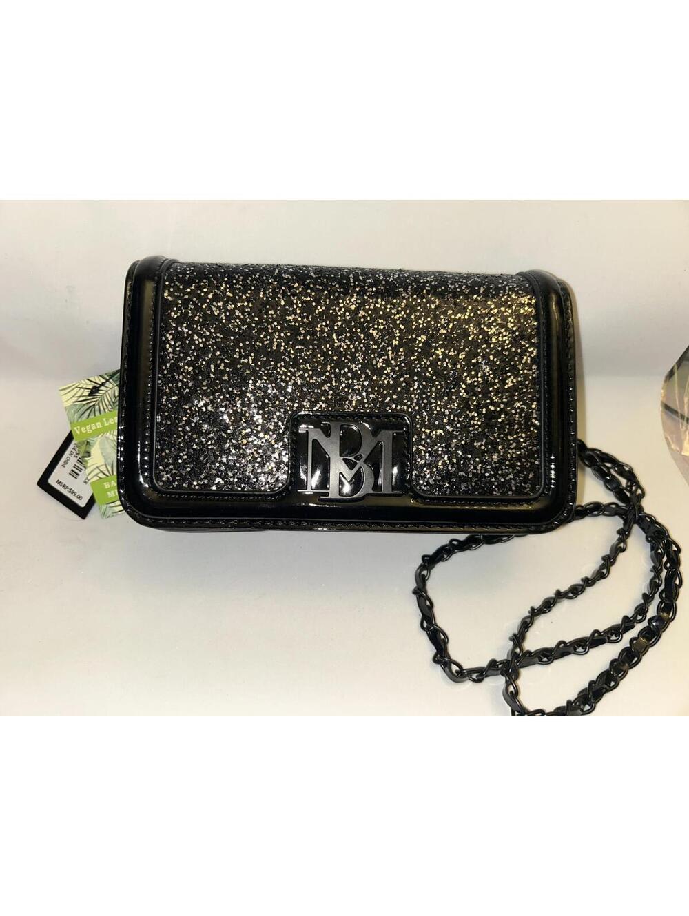 Badgley Mischka Black Glitter Clutch Crossbody with Chain BNWT